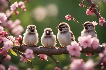 Wall Mural - sunny day may pink blossoms garden small sparrow chicks apple funny sit surrounded bird chick flower spring tree fauna songbird branch cute holiday bright summer fragrant beauty male wild wing animal