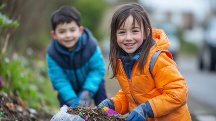 Children work together to clean up litter along the roadside on a sunny day