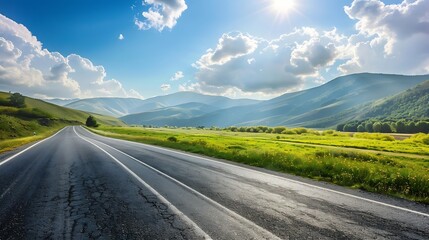 Wall Mural - Asphalt highway road and green mountains with sky clouds nature landscape on sunny day : Generative AI