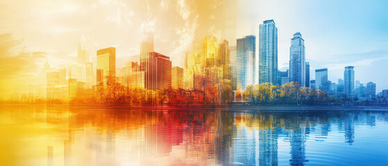 Wall Mural - a city skyline is reflected in a body of water