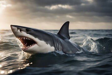 Wall Mural - shark great white teeth ocean underwater animal water sea aqualung diver scuba marin salt photography travel nature environment