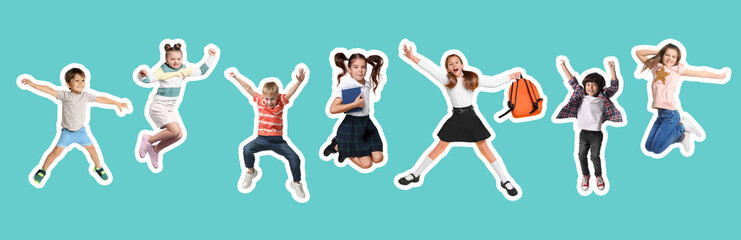 Wall Mural - Cheerful children jumping together on turquoise background