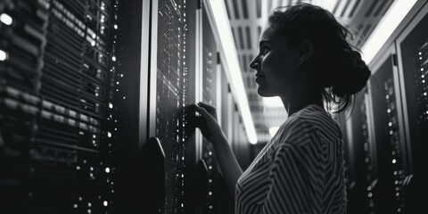 Poster - A person standing next to rows of computer servers, suitable for use in tech-related contexts such as data centers or IT facilities