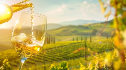 Poster - Wine glass with pouring white wine and vineyard landscape in sunny day Winemaking concept copy space : Generative AI