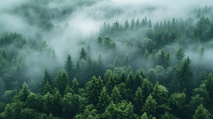 Aufkleber - Mist-shrouded forest, seen from above, greenery and the foggy atmosphere of nature. Generative AI.