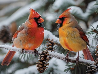 beauty in nature of two northern cardinal birds perching on branches of pine tree covered with snow 