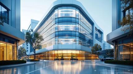 Poster - Design of a three-story medical center with a glass curtain wall facade, exterior view of the building on an urban street. Generative AI.