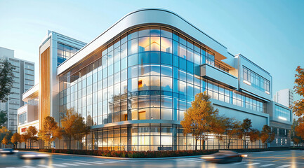 Leinwandbilder - Design of a three-story medical center with a glass curtain wall facade, exterior view of the building on an urban street. Generative AI.