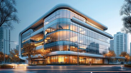 Poster - Design of a three-story medical center with a glass curtain wall facade, exterior view of the building on an urban street. Generative AI.