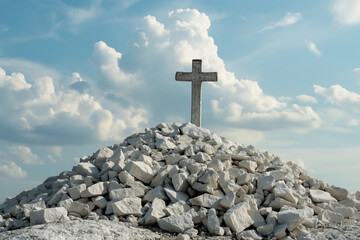 Wall Mural - a cross to the left above a pile of white flint for background,AI