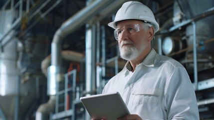 Aufkleber - Senior White engineer holding tablet looking away with serious emotion at work site Portrait og engineer wearing white hard hat at manufactuing : Generative AI