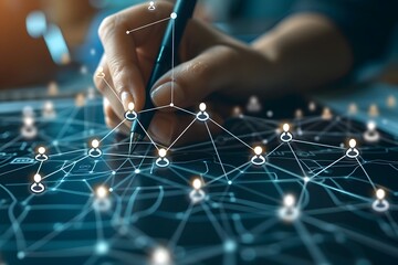 Fototapete - Creating Connections: A Hand Drawing a Network on a Digital Interface