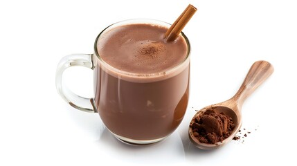 Poster - Glass of hot chocolate drink with cocoa powder in wooden spoon isolated on white background : Generative AI