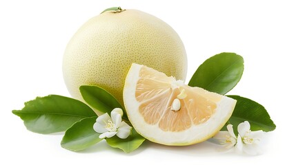 Poster - Isolated pomelo citrus fruit One whole pomelo and a peeled segment with leaves and flowers isolated on white background with clipping path : Generative AI