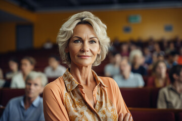 Canvas Print - Portrait of happy middle aged female listening teacher in classroom generative AI