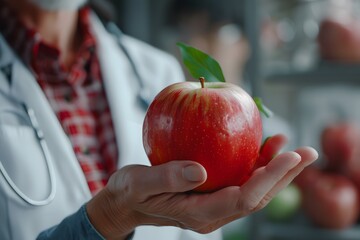 A Doctor Holding a Fresh Red Apple, Symbolizing Health and Nutrition