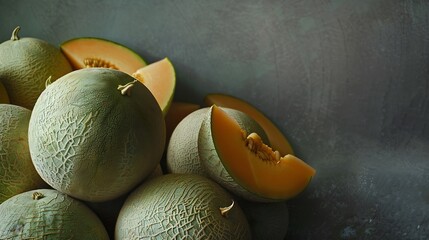 Poster - A pile of fresh melons and one fruit cut open to reveal the fruit  group : Generative AI