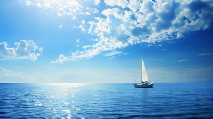 Aufkleber - Yacht sailboat sailing alone on calm blue sea waters on a beautiful sunny day with blue sky and white clouds : Generative AI