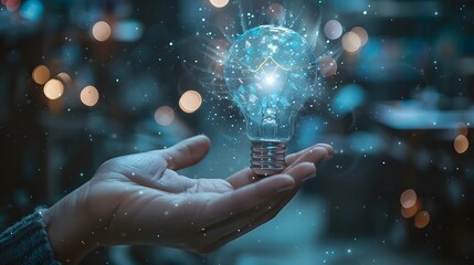 Poster - Futuristic Holographic Light Bulb Hovering Above Hand Representing Cutting Edge Technology and Innovative Ideas
