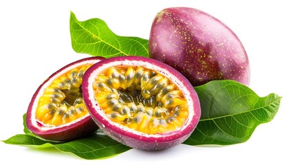 Poster - Passion fruit Isolated with leaf Passion maracuya fruit on white background with clipping path As design element : Generative AI