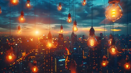 Canvas Print - Illuminating City of Innovation Skyline Lit by Bulbs of Ideas