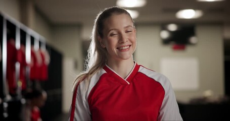 Sticker - Locker room, football and face of woman for sports, competition and game match with confidence. Portrait, female person or professional player with pride for soccer, playing and smile of girl