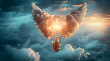 Poster - Lightbulb with Wings Soaring Above Clouds Symbol of Innovative Ideas and Creative Freedom