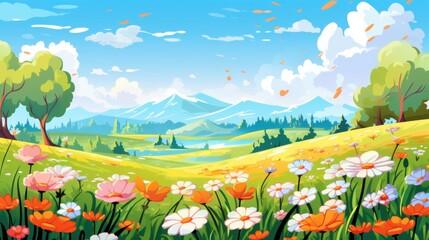 Wall Mural - Spring Meadow Flowers, Mountains, and Blue Skies