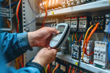 Poster - a person holds a cell phone near a collection of wires, useful for tech-related concepts and illustr