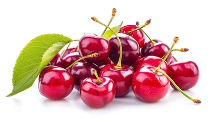 Poster - Cherry isolated Fresh ripe cherries with leaves isolated on a white backgroundSweet cherries pile Berries and fruits Vegan Healthy eating : Generative AI