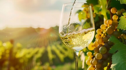 Poster - Wine glass with pouring white wine and vineyard landscape in sunny day Winemaking concept copy space : Generative AI