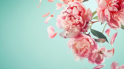 Aufkleber - Pink peony flowers flying to beautiful bouquet on light blue background : Generative AI