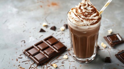 Poster - Chocolate milkshake with whipped cream served in glass on the light gray table : Generative AI