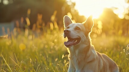 young dog in sunset sunbeams stands in full growth on green natural meadow with bright grass Smiling happy active pet enjoying summer day outdoors Long horizontal banner : Generative AI