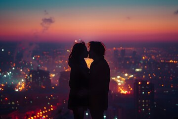 Wall Mural - Romantic Silhouette of a Couple Against a City Sunset