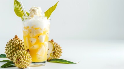 Poster - Annona glabra Fruity cold iced tea or yellow soursop fruit tea isolated on white background with salted milk foam cream topping trendy summer drink menu of Vietnam local fruits : Generative AI