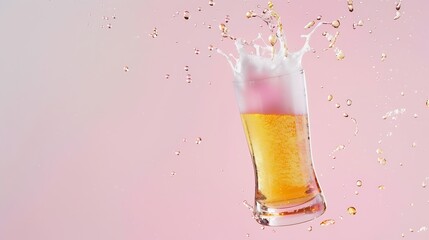 Poster - Contemporary art collage Man jumping into giant glass of lager foamy beer isolated over pink and white background Concept of alcohol addiction party taste Pop art Copy space for ad : Generative AI