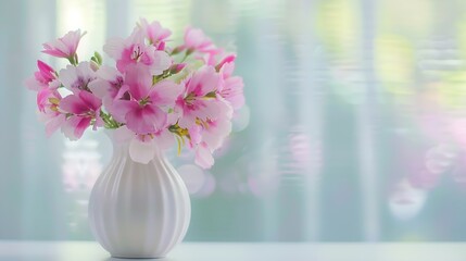 pink spring flowers in white ceramic vase in modern home interior : Generative AI