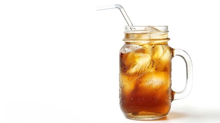 Poster - Mason jar glass of iced tea with straw isolated on a white background : Generative AI