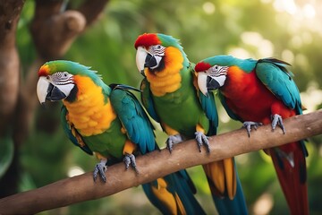 Sticker - couple parrot live tropical wild nature bird colourful feather cute exotic beauty animal peace pet zoo wildlife life canary beak green fauna fly red pretty orange beautiful yellow wing natural blue