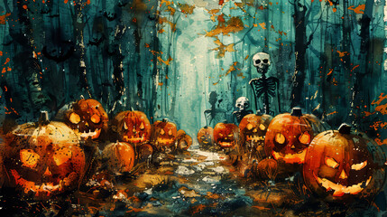 Halloween background with pumpkins, ghosts and bats.