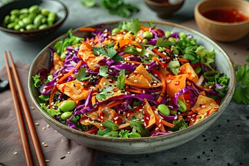 Wall Mural - Salad with sesame seeds and vegetables in bowl, closeup