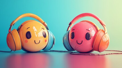 Two Smiling Emojis With Headphones Listening to Music.