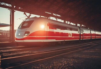 Wall Mural - railway beautiful modern red station speed sunset high train commuter colorful vintage railroad toning concept platform industrial tourism background business cargo carriage