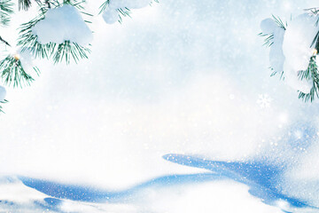 Wall Mural -  New Years Eve. Coniferous spruce branch. Frozen winter forest with snow covered trees.