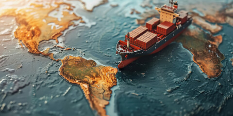 A close-up view of a container ship navigating over a world map, symbolizing global trade and shipping. The ship is detailed with colorful containers, set against a textured map background.