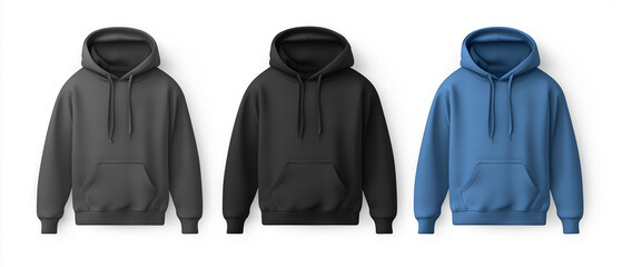 Wall Mural - Set of Hoodies in Black, Graphite, and Blue on a White Background