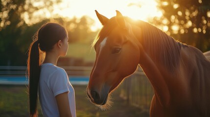 Poster - A Woman and a Horse Facing Each Other at Sunset