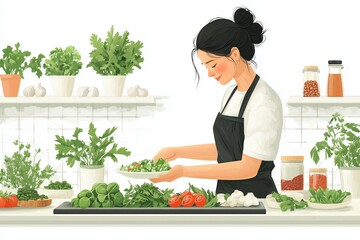 Simple illustration of a person preparing a healthy meal for a social media post, [Food Prep], [Healthy Lifestyle], No logo, No Trademark, No text, minimal concept with copy space for stock photo