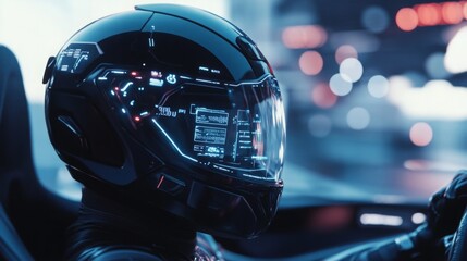 Aufkleber - A driver in a sleek black helmet equipped with advanced technology navigates a high-tech vehicle in a vibrant, illuminated urban environment during nighttime.
